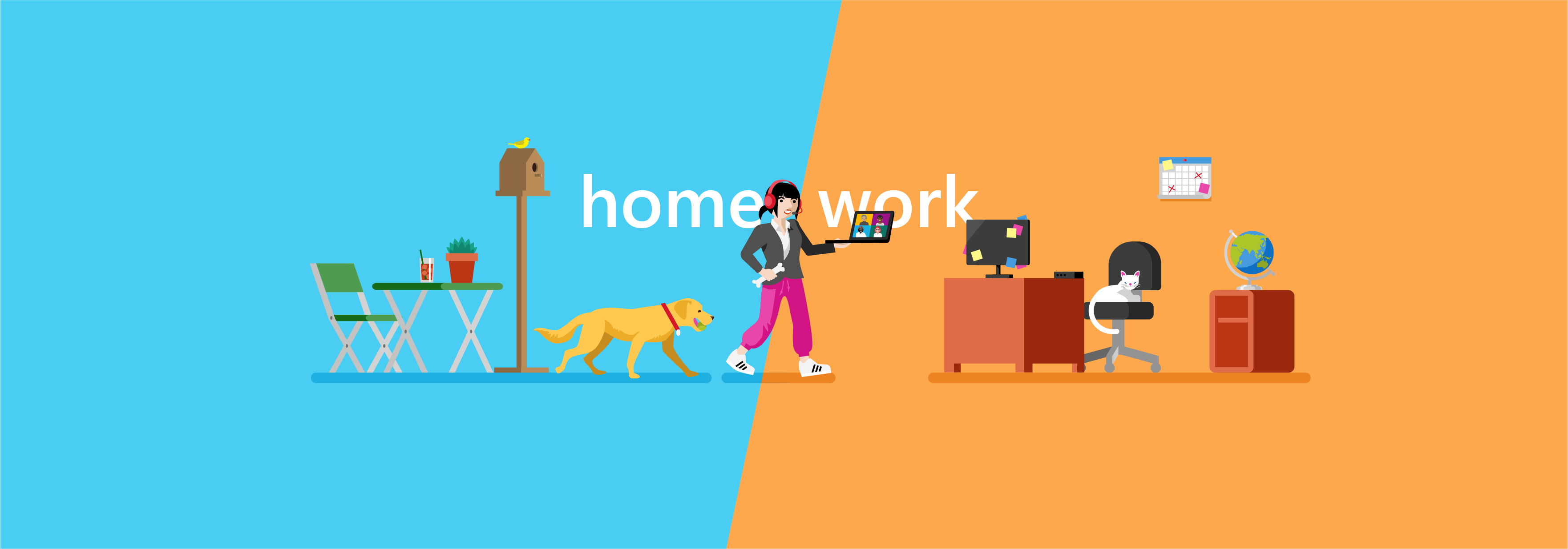 Illustration of a woman managing remote work with a dog, home office, and joining a Teams meeting
