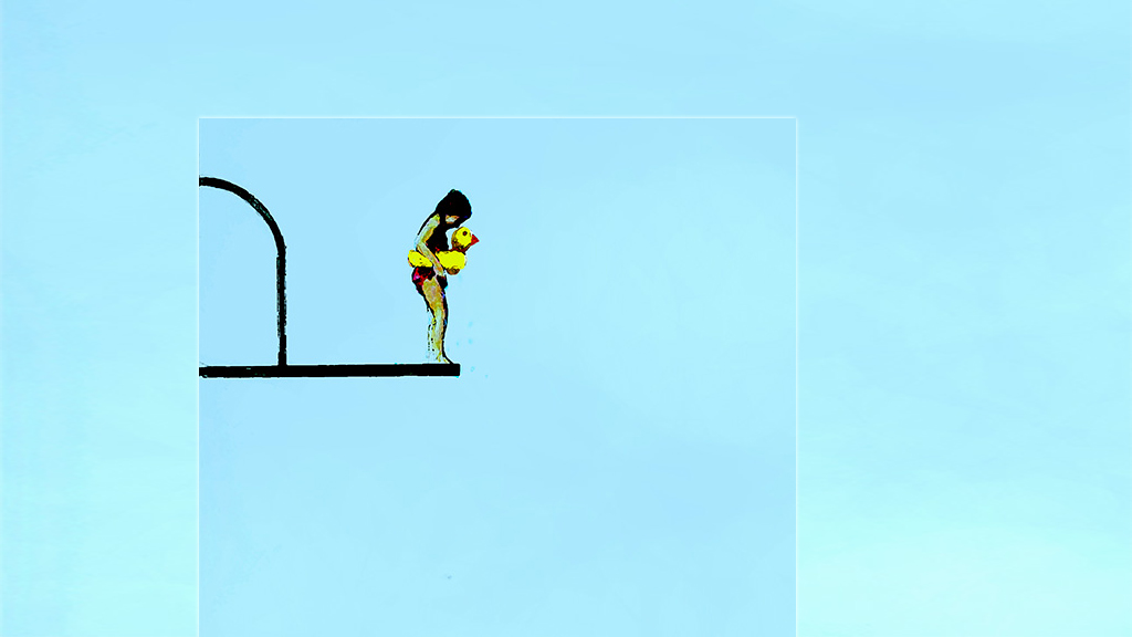 Illustration of girl in waist floaty on high diving board
